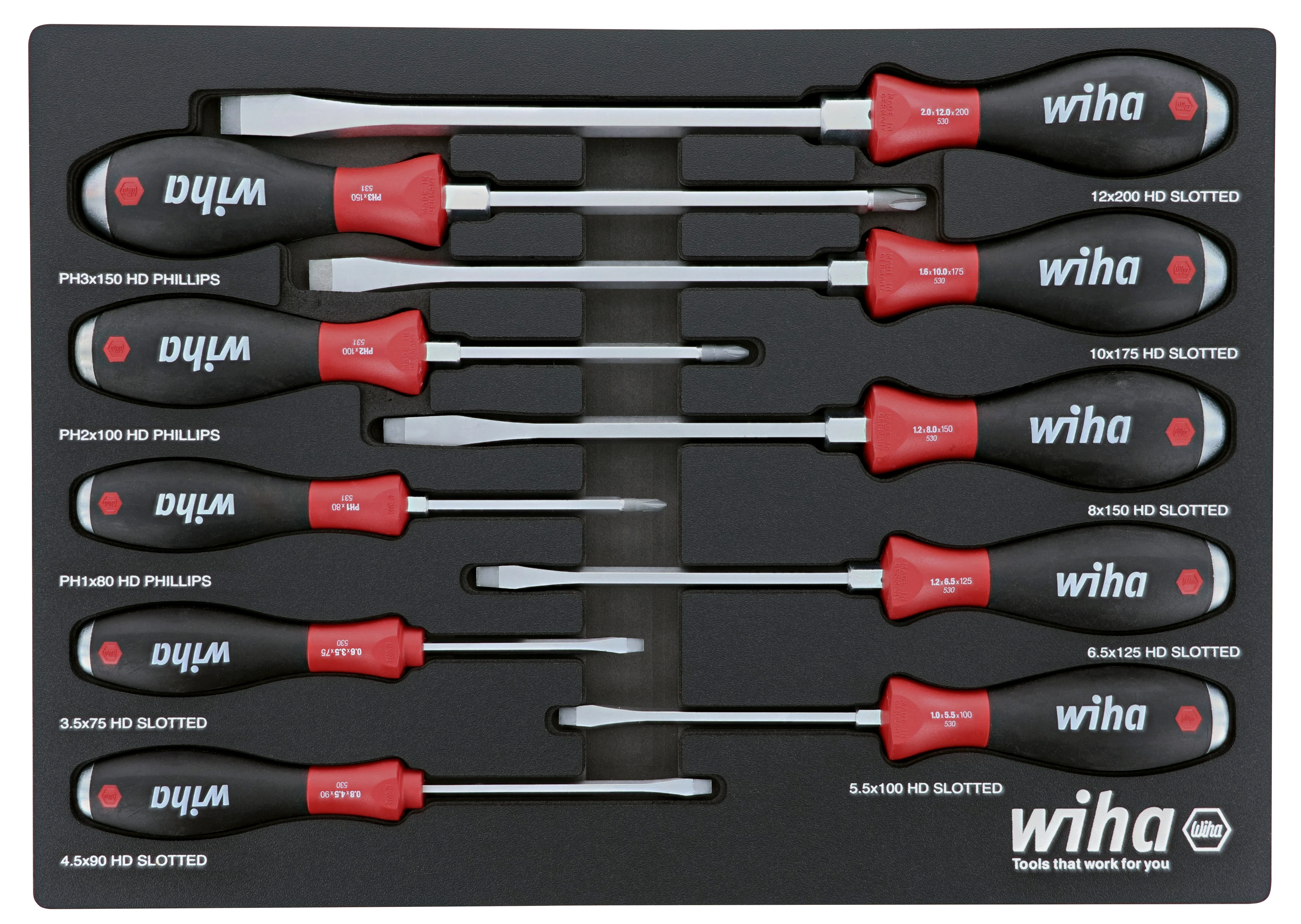 WIHA TOOLS 10 Piece Extension Ra Heavy Duty Softfinish Cushion Grip Screwdriver Tray Set - WIH-53180